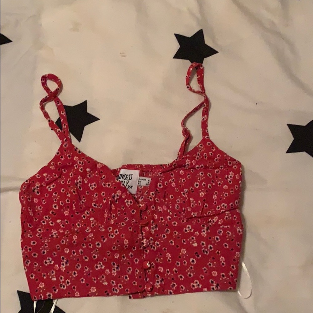 red tank top with white and black flowers